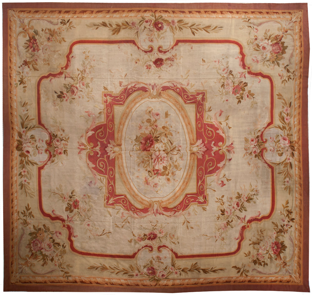 a242 - Antique Aubusson Rug (14' x 14'7'') | OAKRugs by Chelsea 100 percent wool area rugs, vintage braided rugs for sale, antique tapestry rugs
